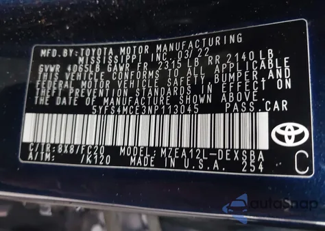 2022 Toyota Corolla Se z USA, uszkodzony, nr VIN 5YFS4MCE3NP113045